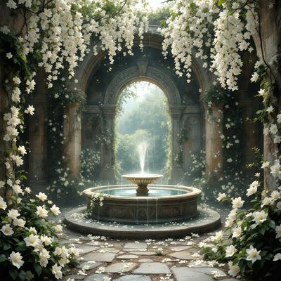 Primary subject: A fountain with a gold bowl in the middle, surrounded by white flowers and greenery.

Setting/background: The fountain is located in a garden, with a stone walkway leading to it. The garden is filled with greenery, including trees and flowers.

Visual style: The image is a digital artwork, featuring a detailed and intricate design of the fountain and its surroundings.

Colors and mood: The fountain and its surroundings